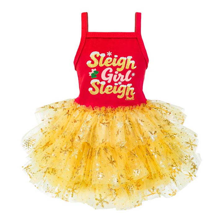 Christmas dog dress with red top, gold glitter tutu, and “Sleigh Girl Sleigh” lettering.