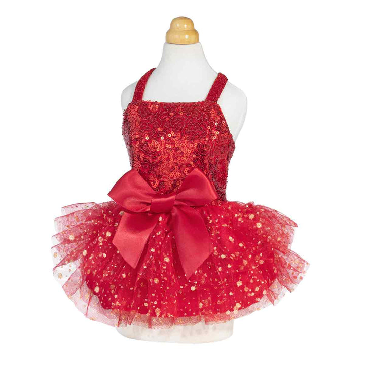 Red sequin dog dress with layered tulle skirt and large satin bow, displayed on mannequin.