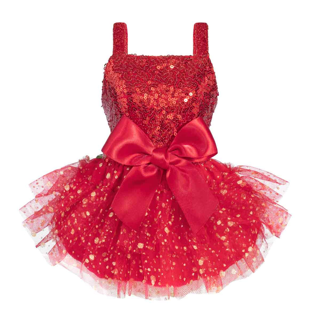 Front view of red sequin dog dress featuring a sparkly bodice, bow, and tulle layers.