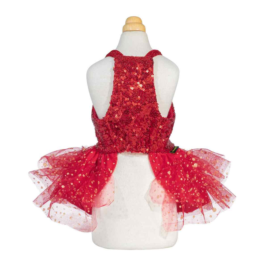Back view of red sequin dog dress with racerback design and fluffy layered skirt.