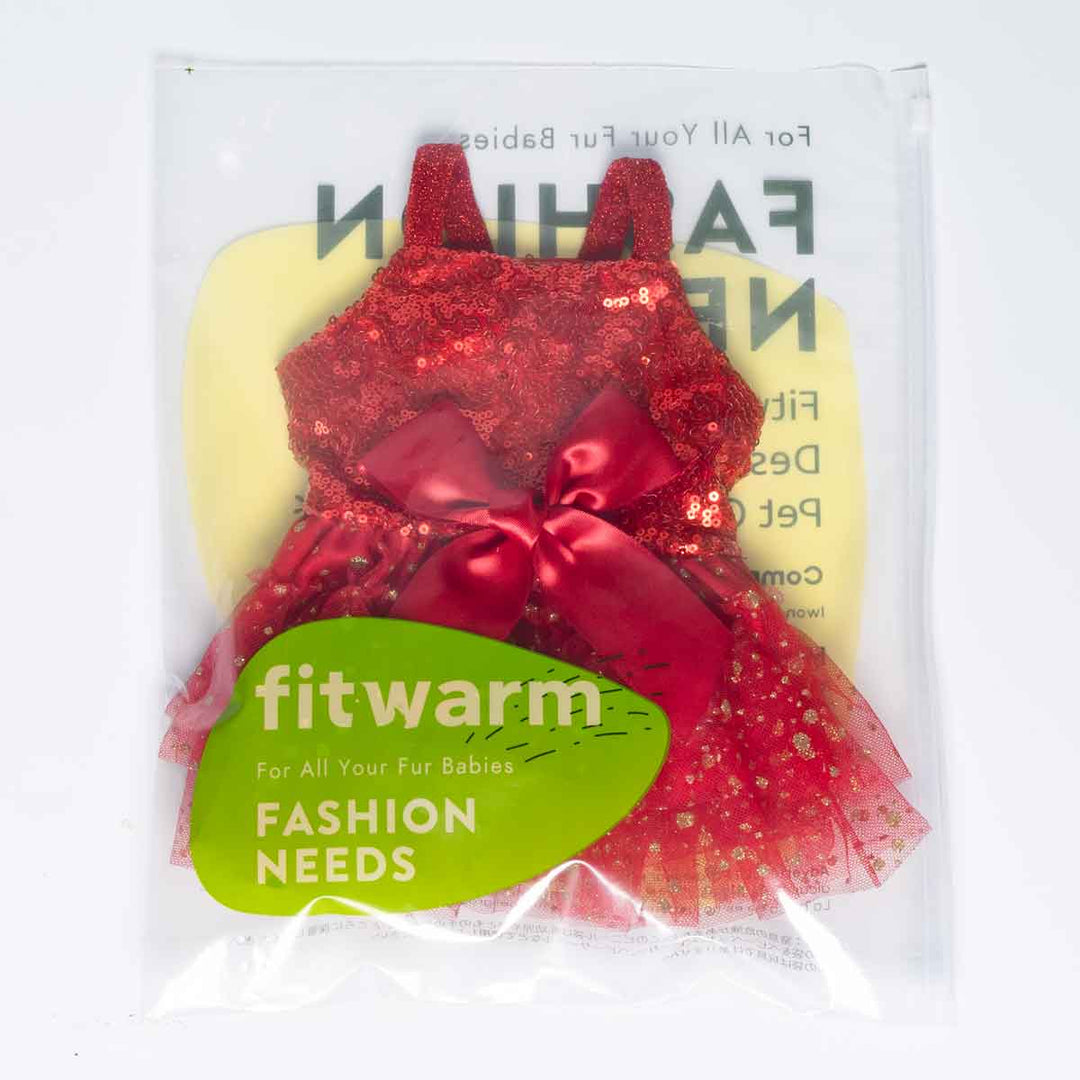 Red glittery pet dress with a bow in clear packaging labeled 'fitwarm'.