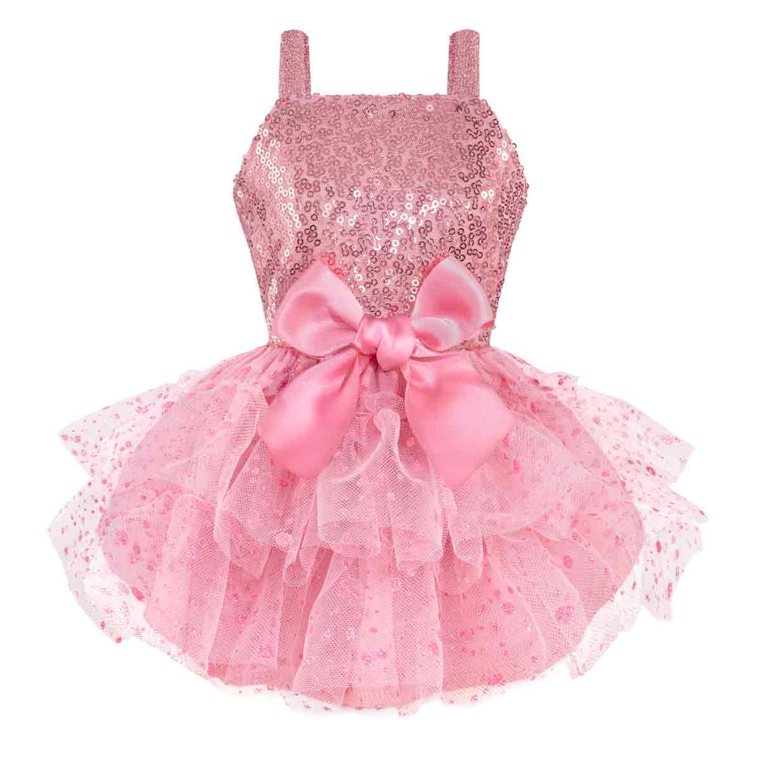Pink sequin dog dress with glittery layered tulle skirt and satin bow accent.