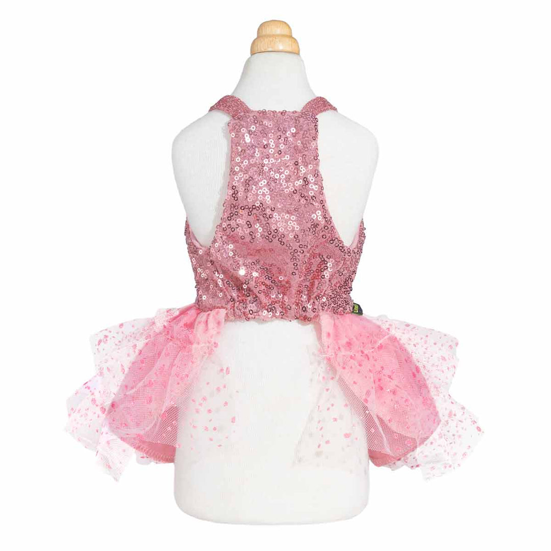 Back view of pink sequin dog dress with racerback style and sparkly mesh skirt.