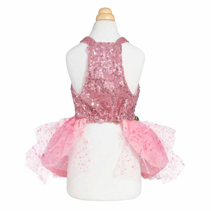Back view of pink sequin dog dress with racerback style and sparkly mesh skirt.