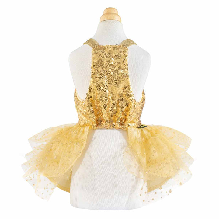 Back view of gold sequin dog pajamas with layered tulle skirt and sparkly details.