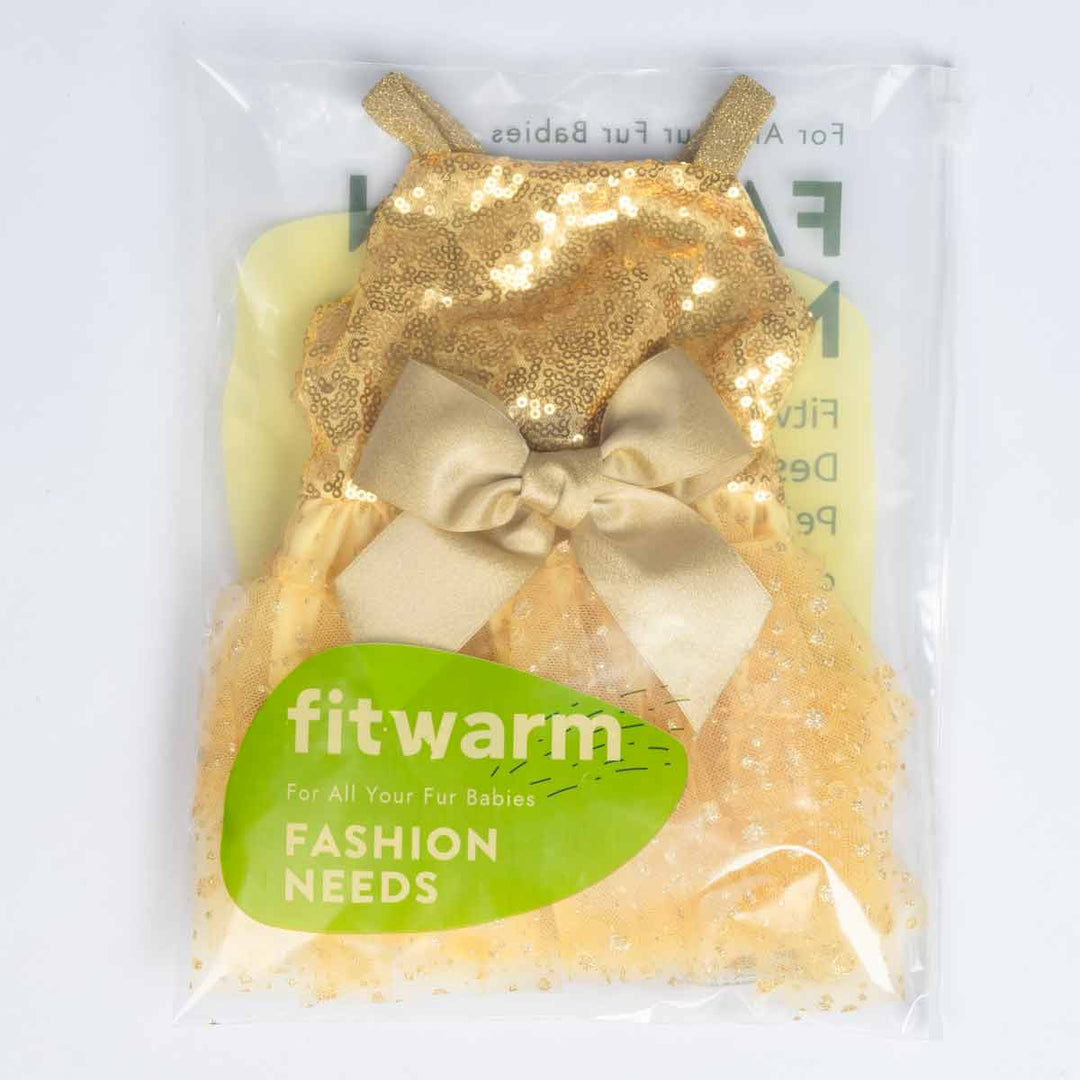 Gold sequin outfit with a bow in packaging labeled 'fitwarm'.
