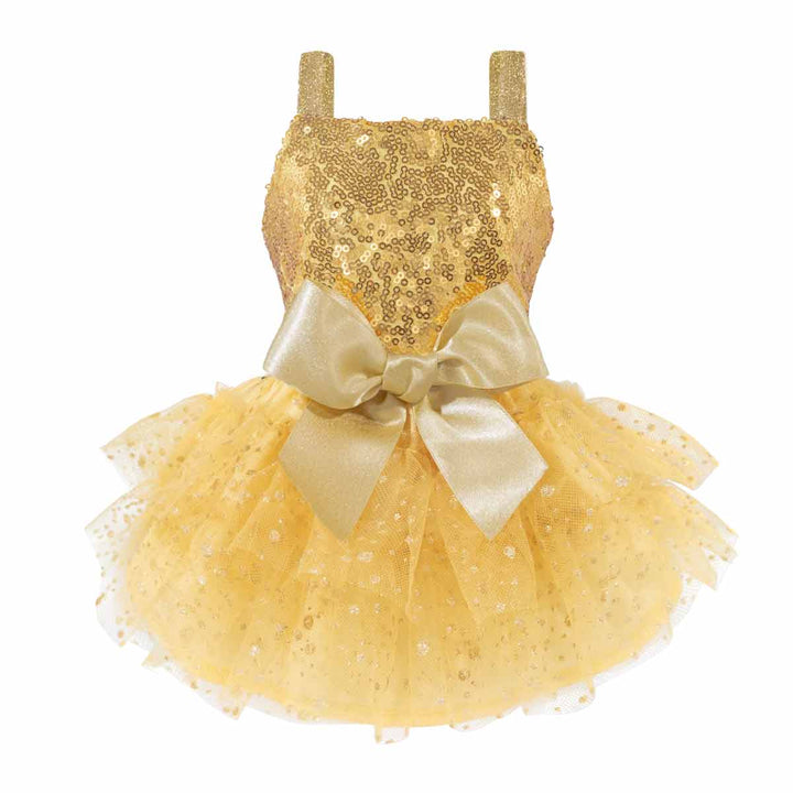 Front view of gold sequin dog pajamas featuring a satin bow and glitter tulle layers.