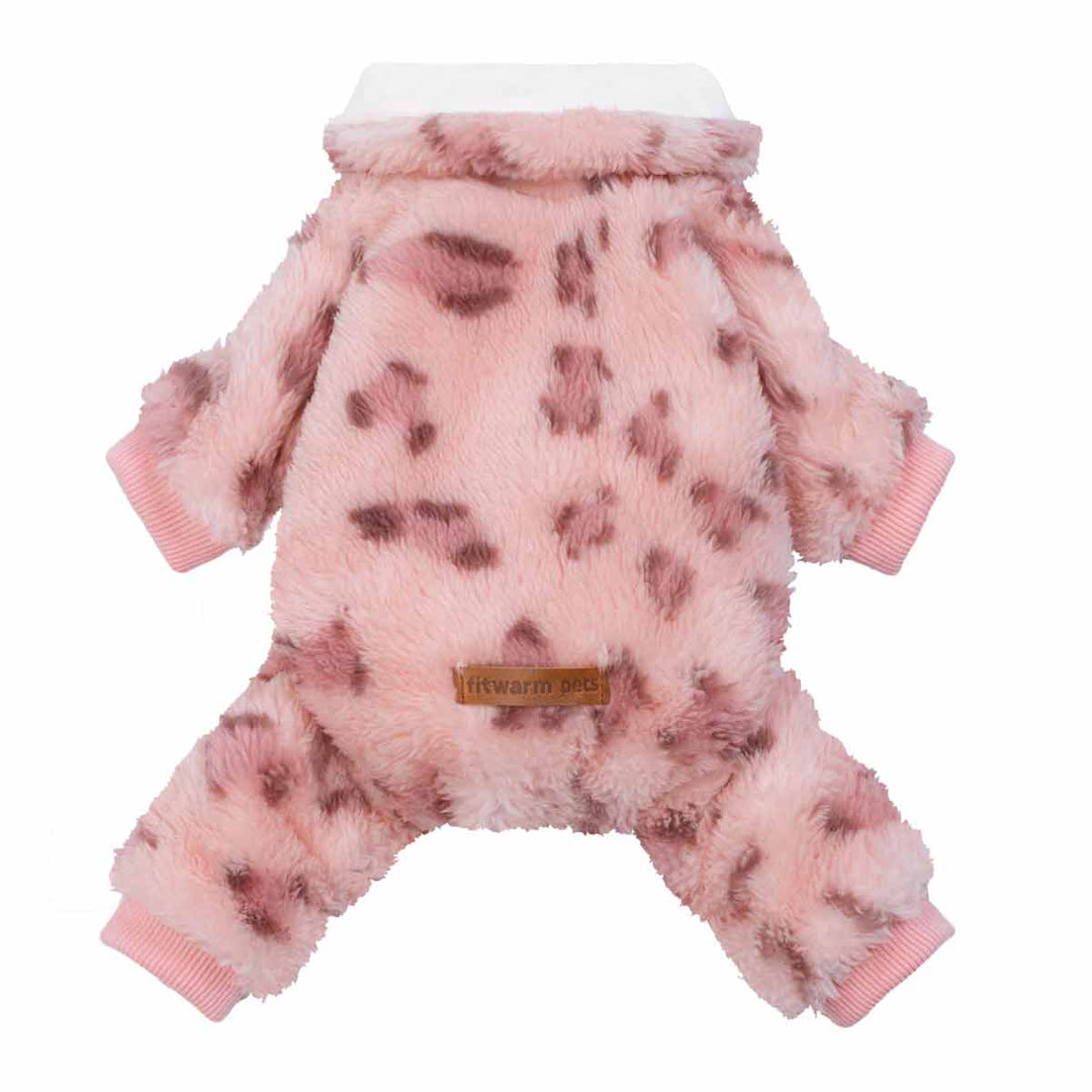 Pink fuzzy dog pajamas with a soft leopard-inspired pattern displayed in a full-body back view.