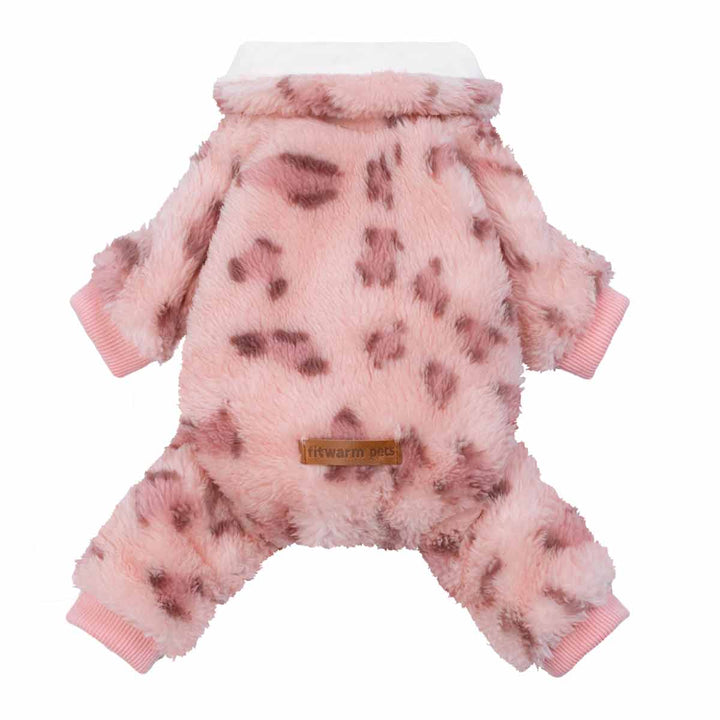 Pink fuzzy dog pajamas with a soft leopard-inspired pattern displayed in a full-body back view.