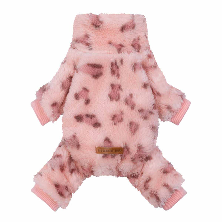 Pink fuzzy dog pajamas featuring a plush leopard-style print shown in a straight-on back view.