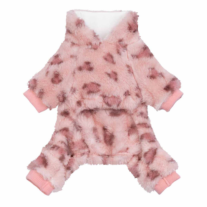 Pink fuzzy dog pajamas with a cozy full-body fit displayed in a front-open view.