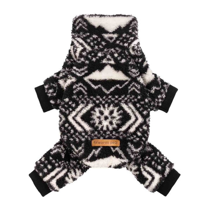 Black and white patterned dog pajamas with a fuzzy geometric design shown in a full-body front view.