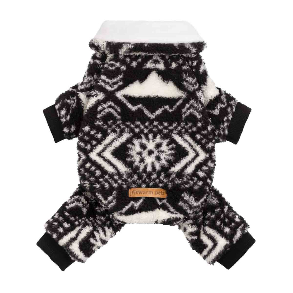 Reversible black and white dog pajamas featuring a soft sherpa texture displayed in a back view.