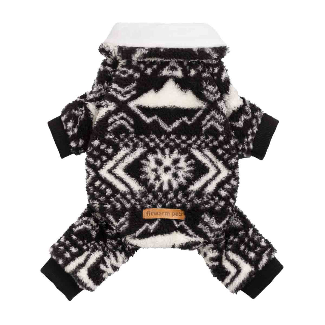 Reversible black and white dog pajamas featuring a soft sherpa texture displayed in a back view.