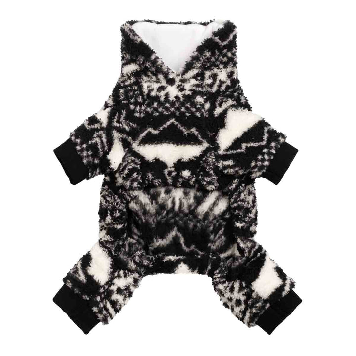 Soft sherpa-style dog pajamas in black and white shown from an underside view with four-leg coverage.