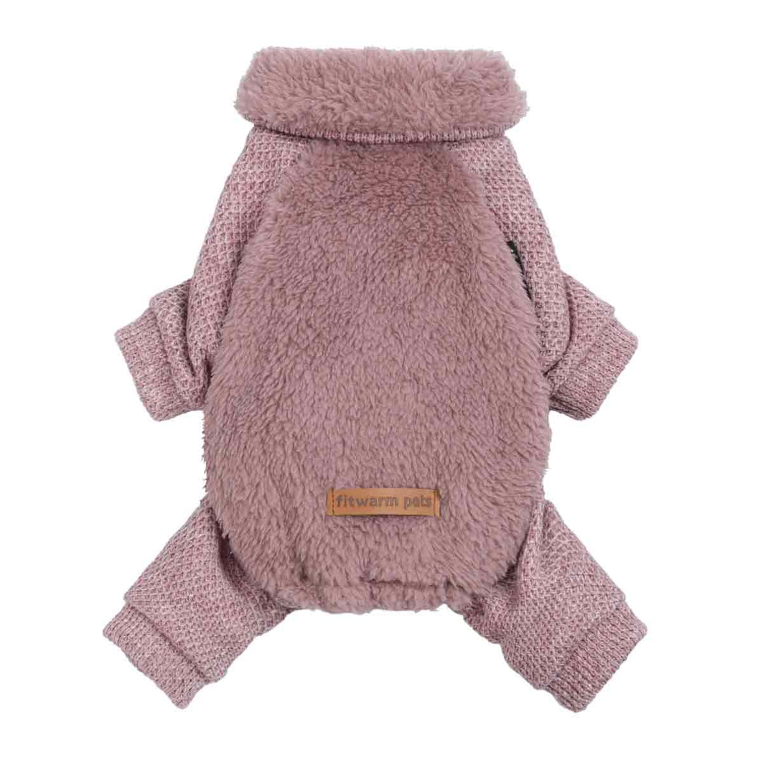 Warm mauve dog pajamas featuring a fuzzy sherpa back panel and textured knit sleeves.