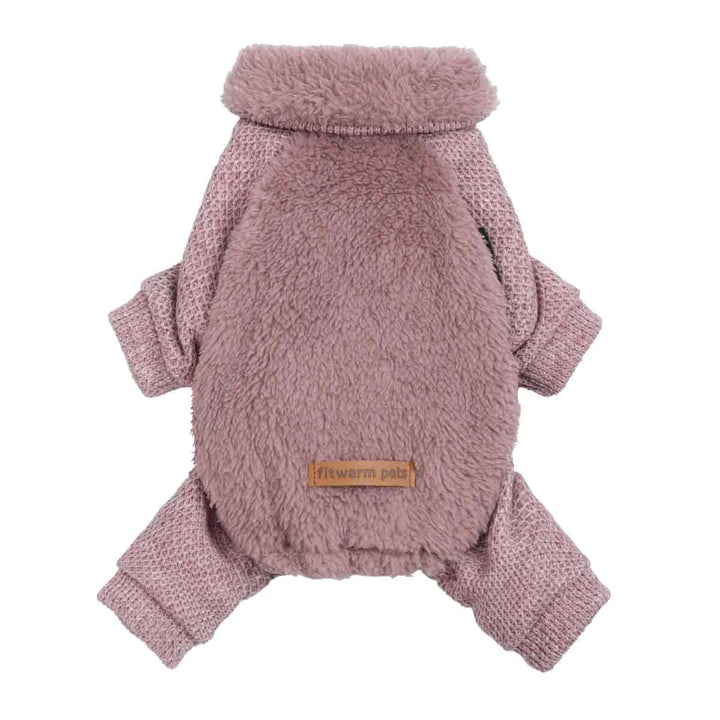 Warm mauve dog pajamas featuring a fuzzy sherpa back panel and textured knit sleeves.