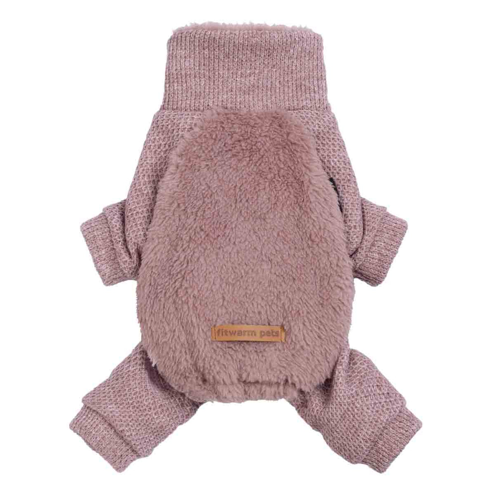 Cozy mauve dog pajamas with a high knit collar and soft sherpa body for extra warmth.
