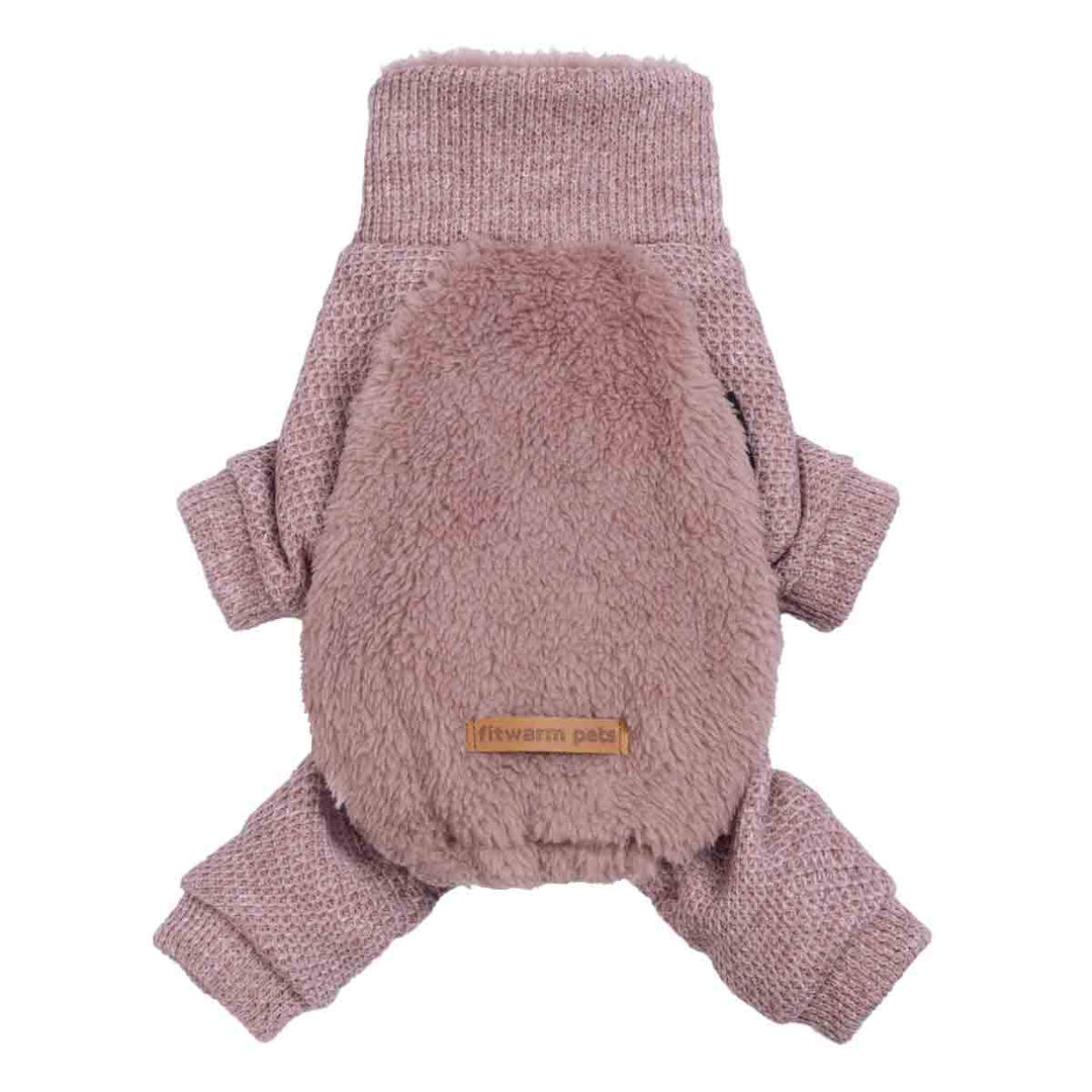 Cozy mauve dog pajamas with a high knit collar and soft sherpa body for extra warmth.