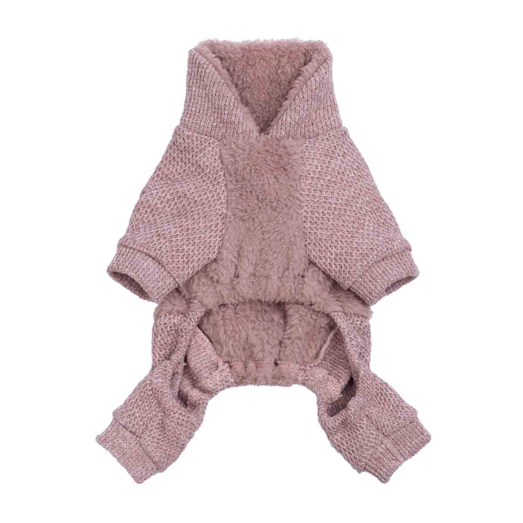 Mauve dog pajamas showing the inner sherpa lining and textured knit legs for full-body comfort.