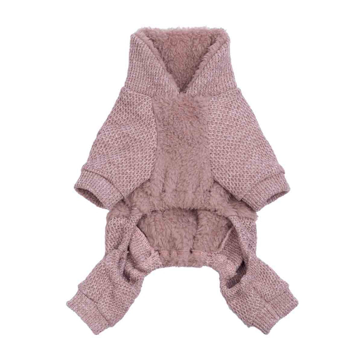 Mauve dog pajamas showing the inner sherpa lining and textured knit legs for full-body comfort.