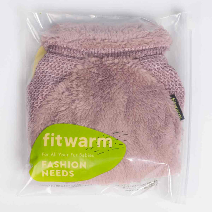 Packaged mauve dog pajamas inside a Fitwarm clear bag with visible fleece texture.