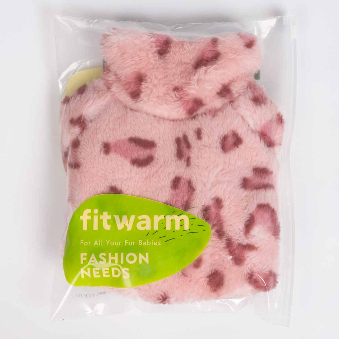 Packaged pink leopard print dog pajamas inside clear Fitwarm bag.