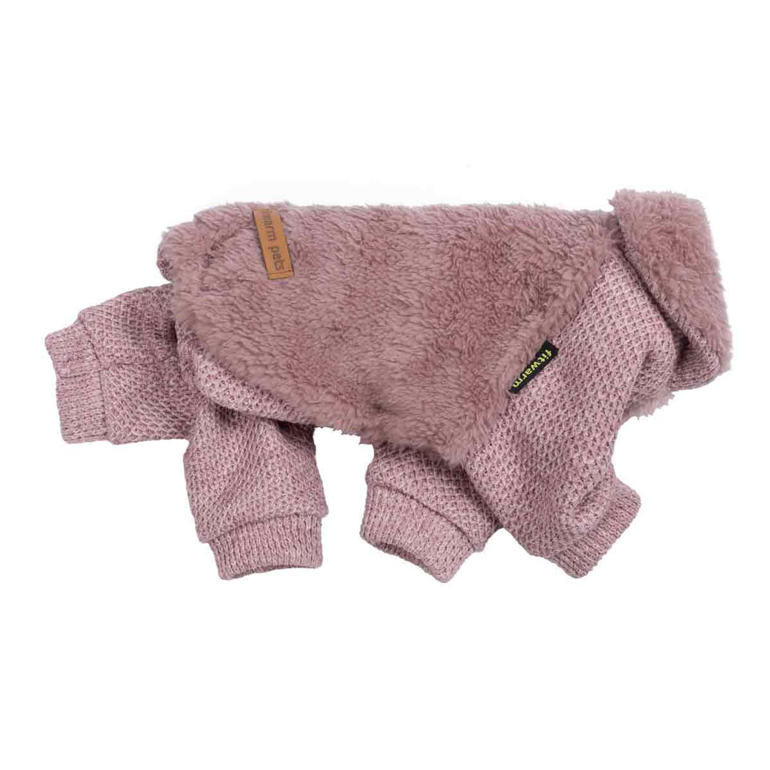 Side view of mauve dog pajamas with plush sherpa fabric and ribbed knit sleeves for winter coziness.