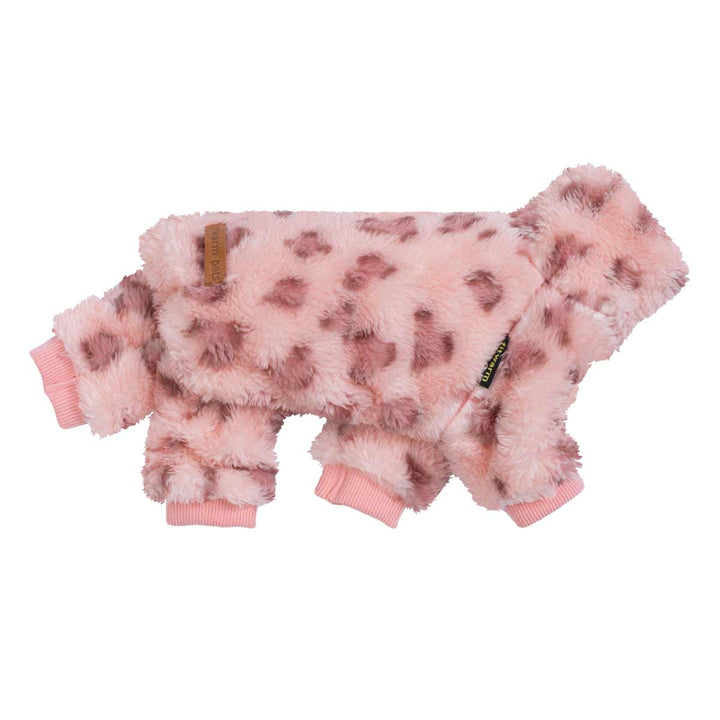 Flat lay side view of pink fleece dog pajamas with full-body coverage.