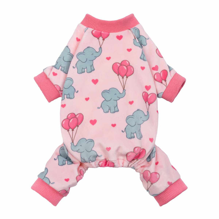 Pink dog pajamas featuring cute elephants holding heart balloons on a soft pastel background.