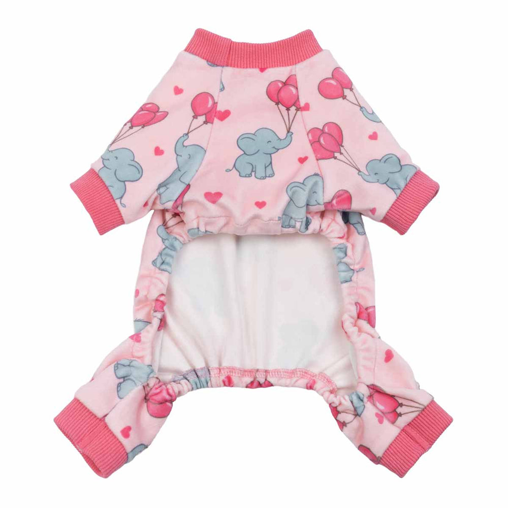 Dog pajamas with elephant and heart-balloon prints shown from the inner belly view.