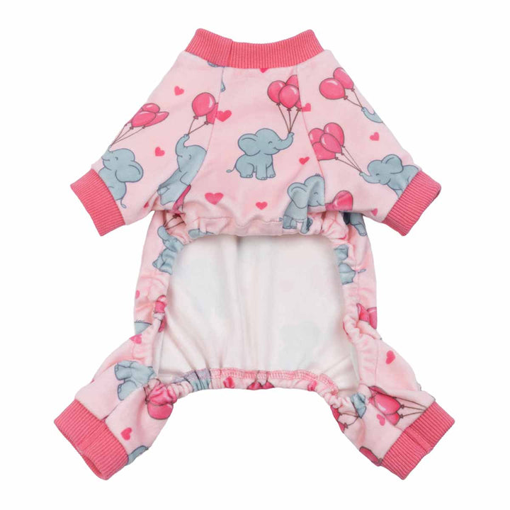 Dog pajamas with elephant and heart-balloon prints shown from the inner belly view.