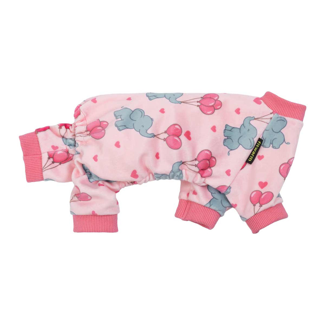 Side view of pink dog pajamas decorated with elephants and pink heart balloons.