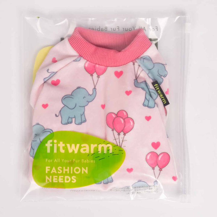 Packaged dog pajamas in a clear Fitwarm bag, showcasing the pink elephant and balloon design.