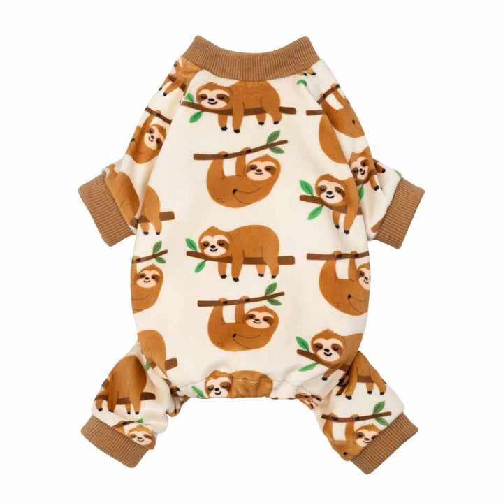 Dog pajamas featuring a cute sloth pattern in brown and cream tones, shown in a full-body back view