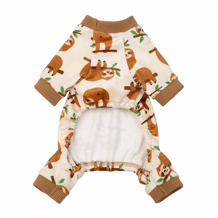 Dog pajamas with playful sloth prints and ribbed cuffs, shown from the front with an open belly design.