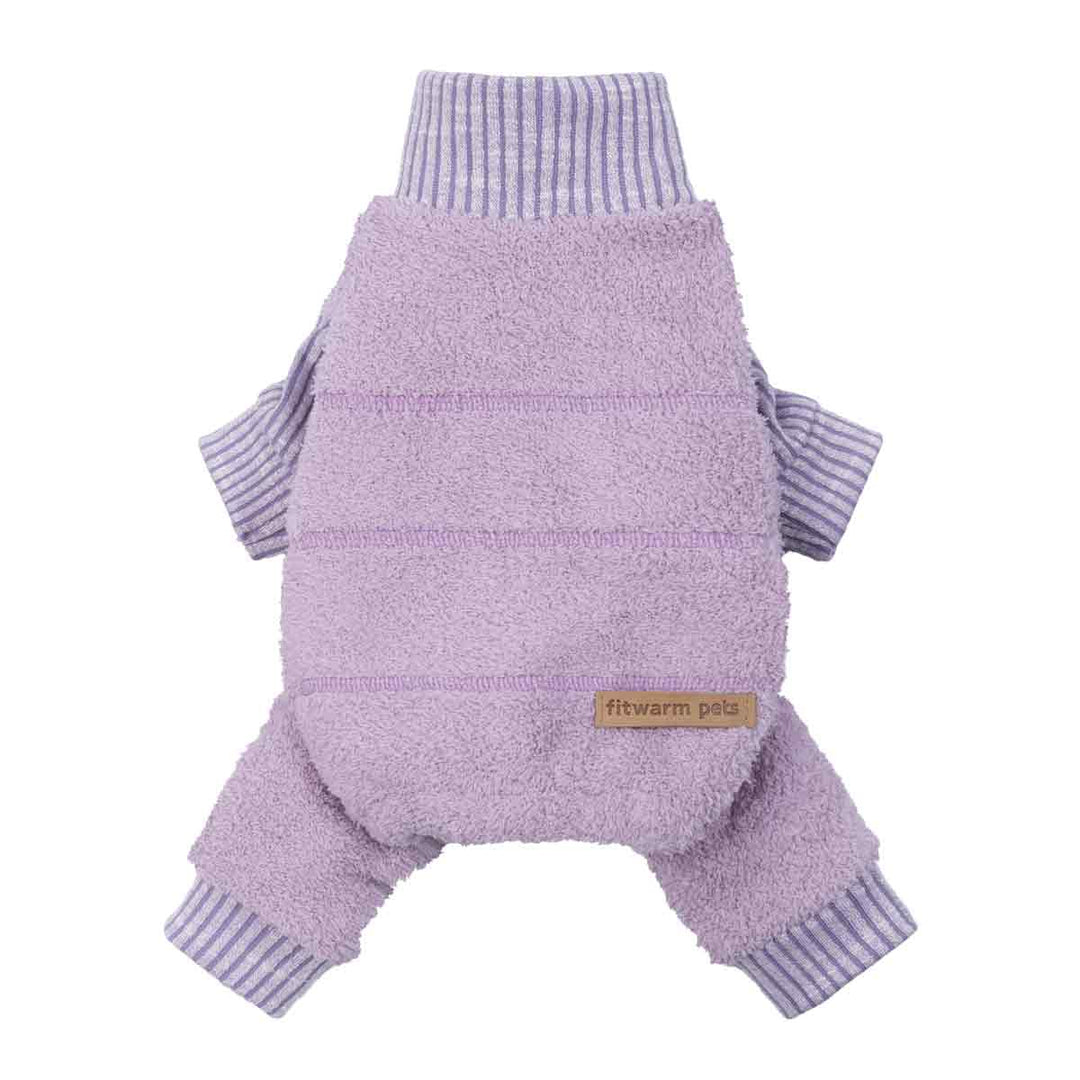 Light purple dog pajamas with striped cuffs and a textured fleece design shown from the back.