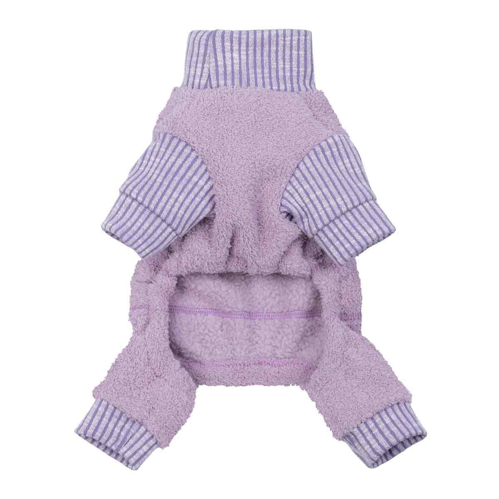 Light purple dog pajamas featuring striped trim and a soft fleece interior shown from the front.