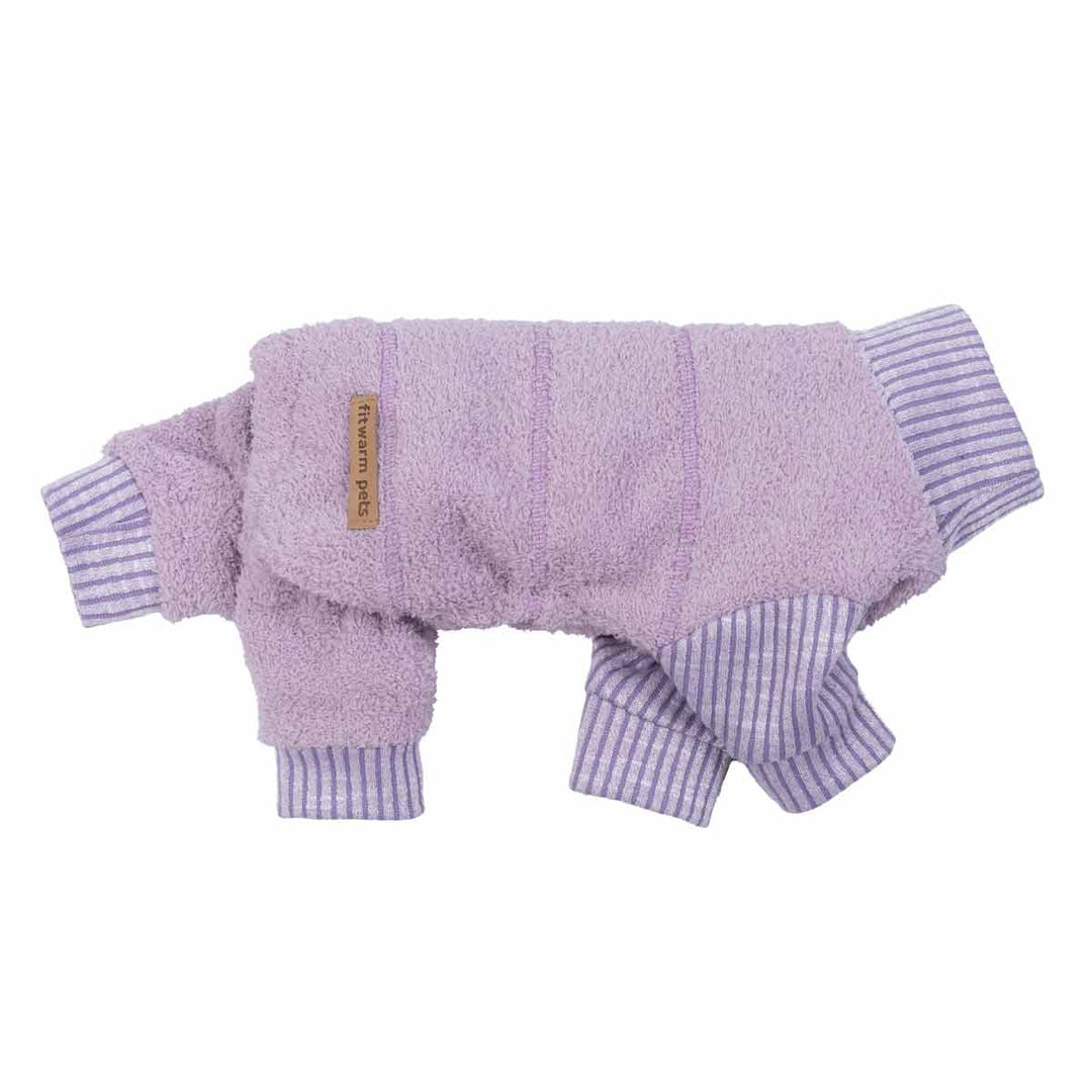 Light purple fleece dog pajamas with striped cuffs displayed in a side view.