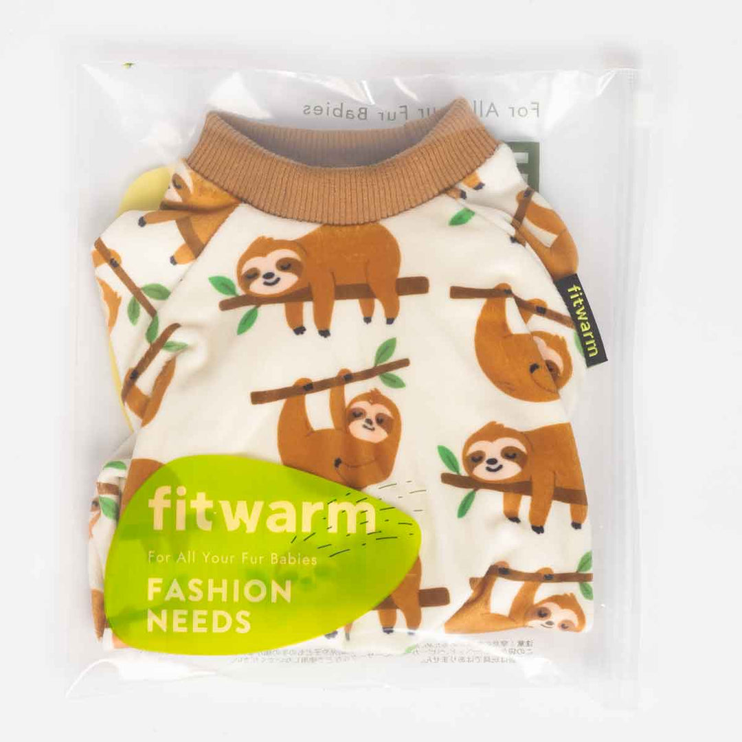 Sloth-print dog pajamas packaged in a clear Fitwarm bag with visible collar and pattern.