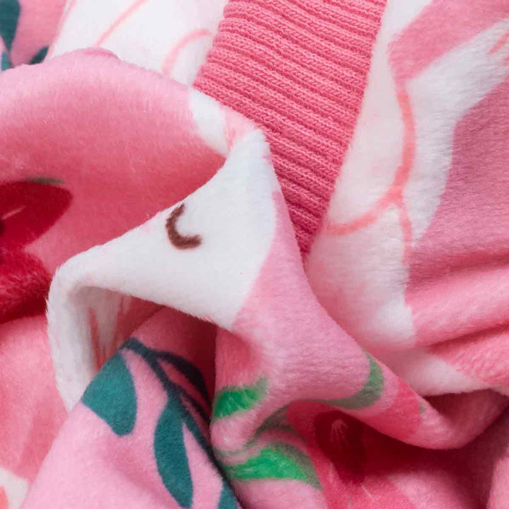 Floral Bunny Dog Pajamas: Pink fabric with bunny and flower print, ribbed cuff