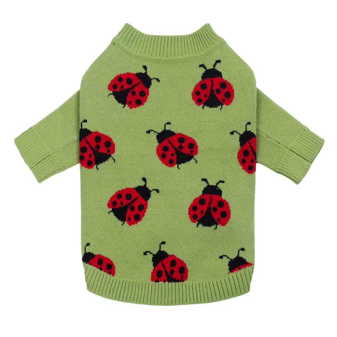 Green dog sweater with red ladybug jacquard pattern shown in a full front view.