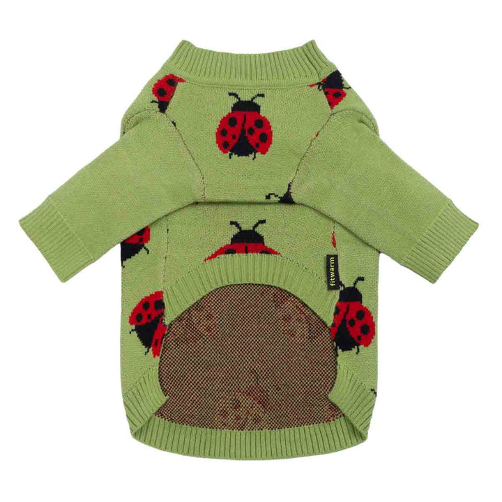 Green dog sweater with red ladybug design displayed in a full back view with ribbed trims.