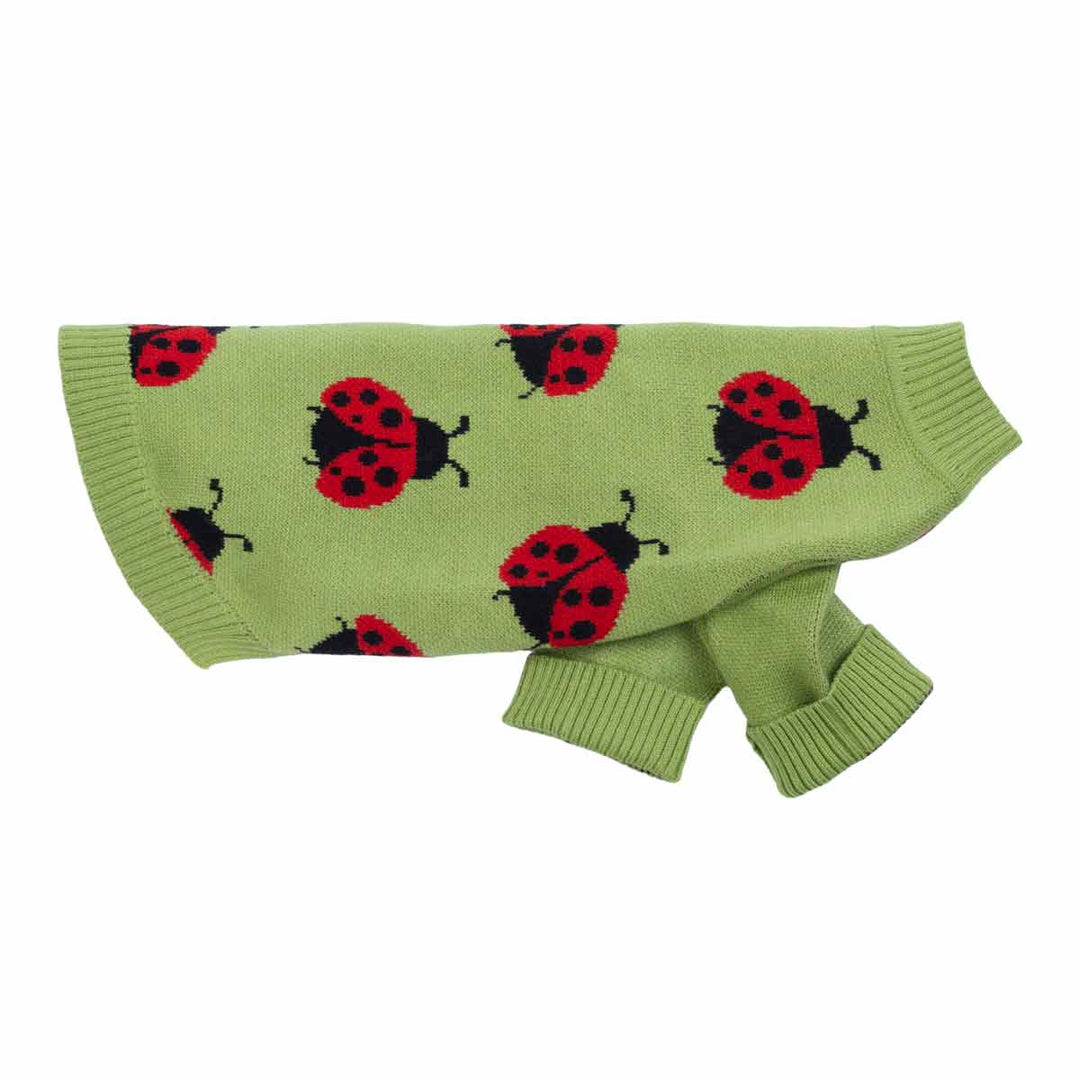 Green dog sweater featuring a red ladybug pattern shown in a full side view.