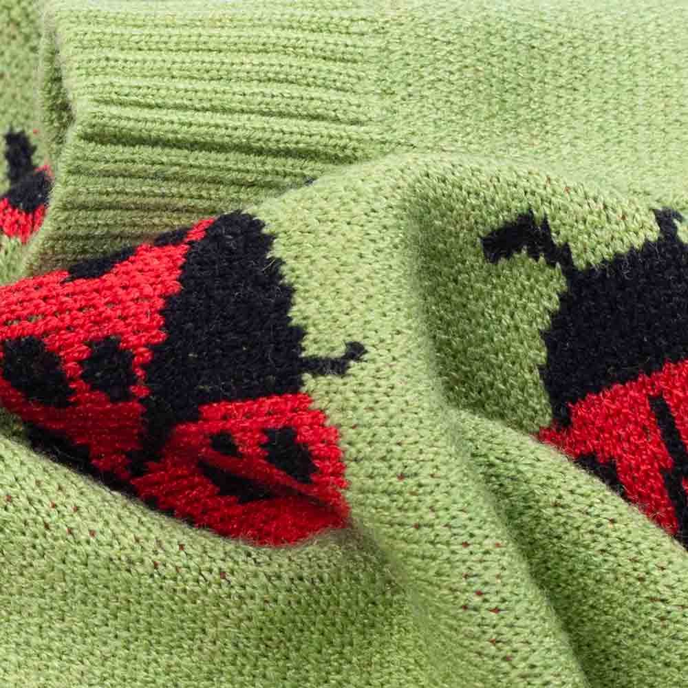 Close-up of knitted dog sweater fabric with red and black ladybug pattern on light green material.