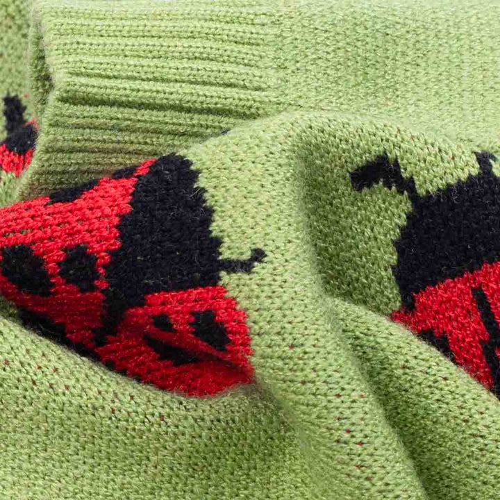 Close-up of knitted dog sweater fabric with red and black ladybug pattern on light green material.
