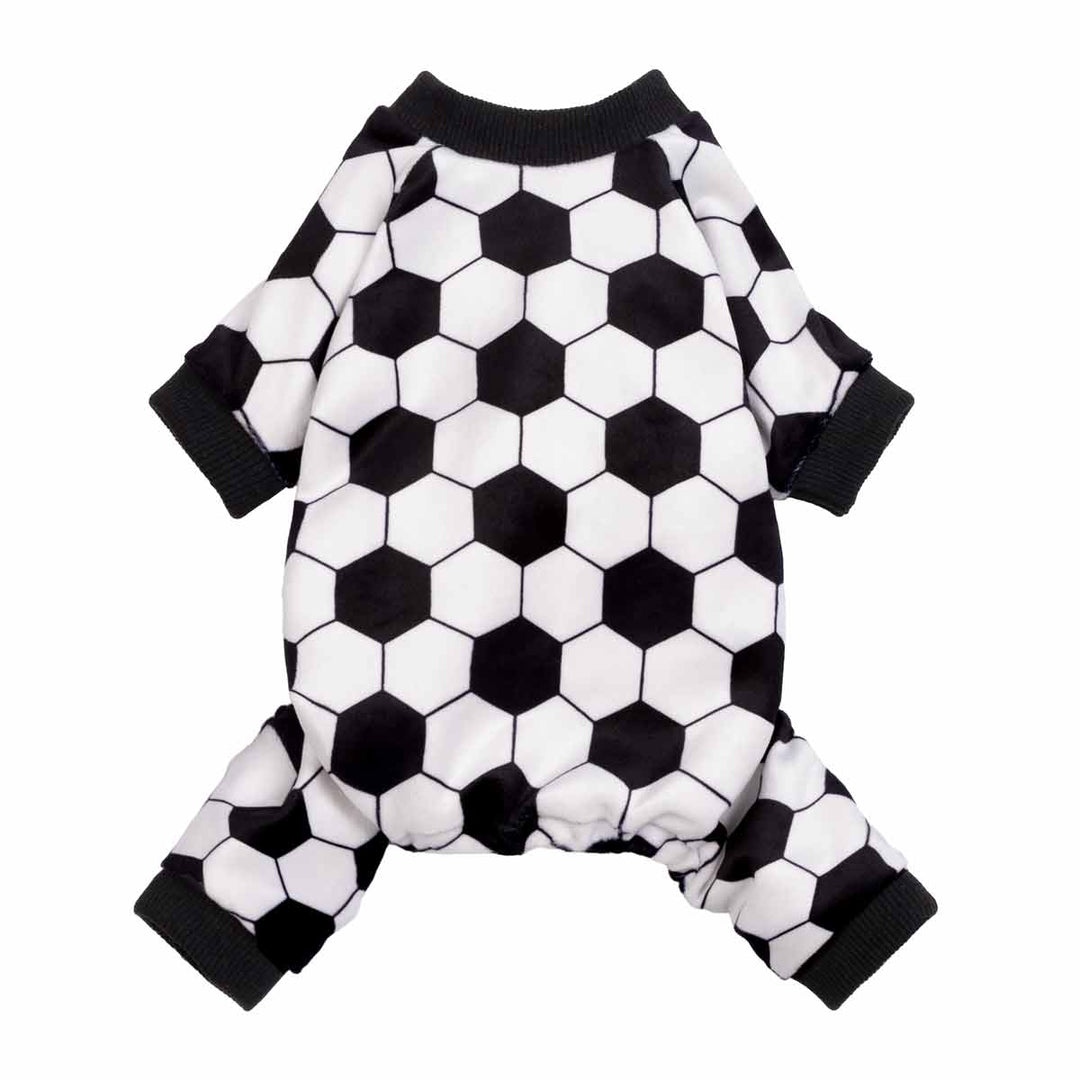 Black and white soccer pattern dog pajamas with ribbed cuffs shown in front view