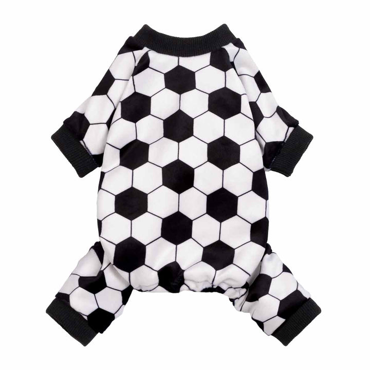 Black and white soccer pattern dog pajamas with ribbed cuffs shown in front view