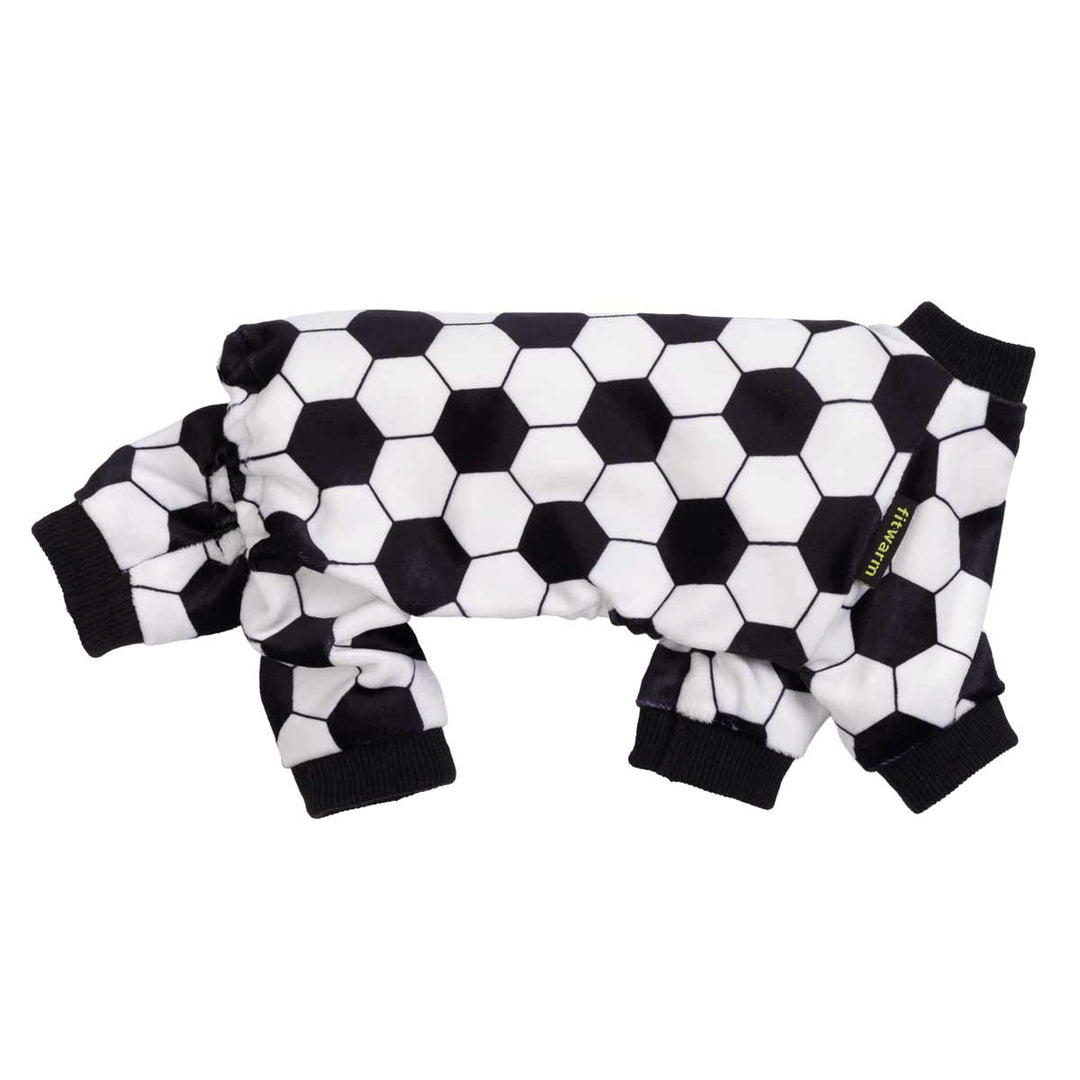 Side view of black and white soccer print dog pajamas with four leg design