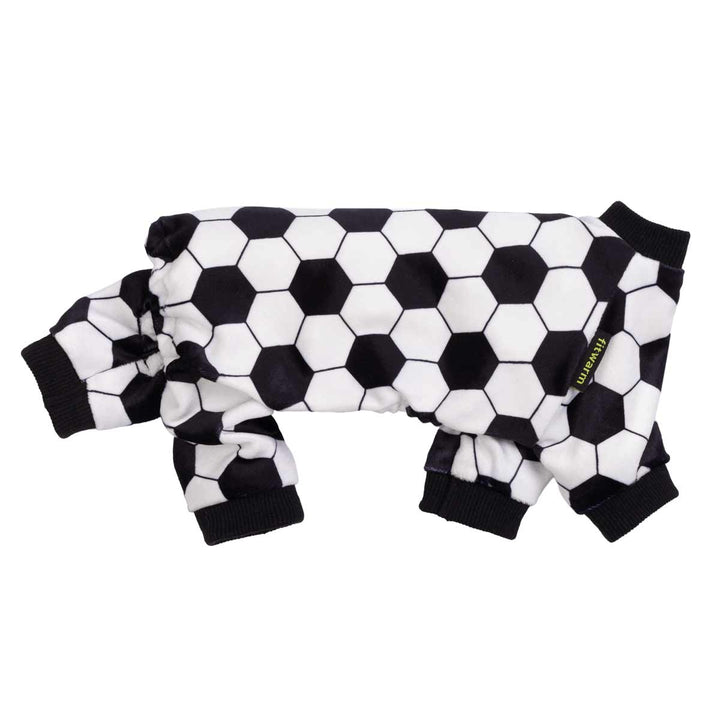 Side view of black and white soccer print dog pajamas with four leg design